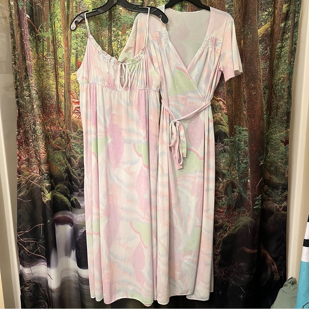 Vintage 70s 1970s night slip gown and matching robe set rare medium peacock